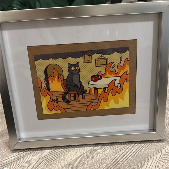Framed Cat Art with Flames - Picture 1 of 2
